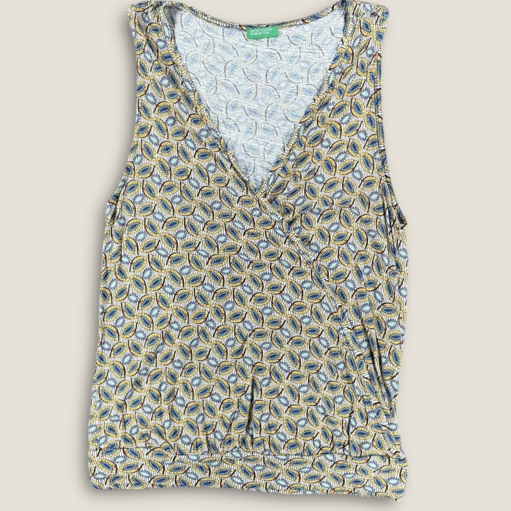 United Colors of Benetton Sleeveless Wrap Top‎ Geometric Leaf Print Surplice S